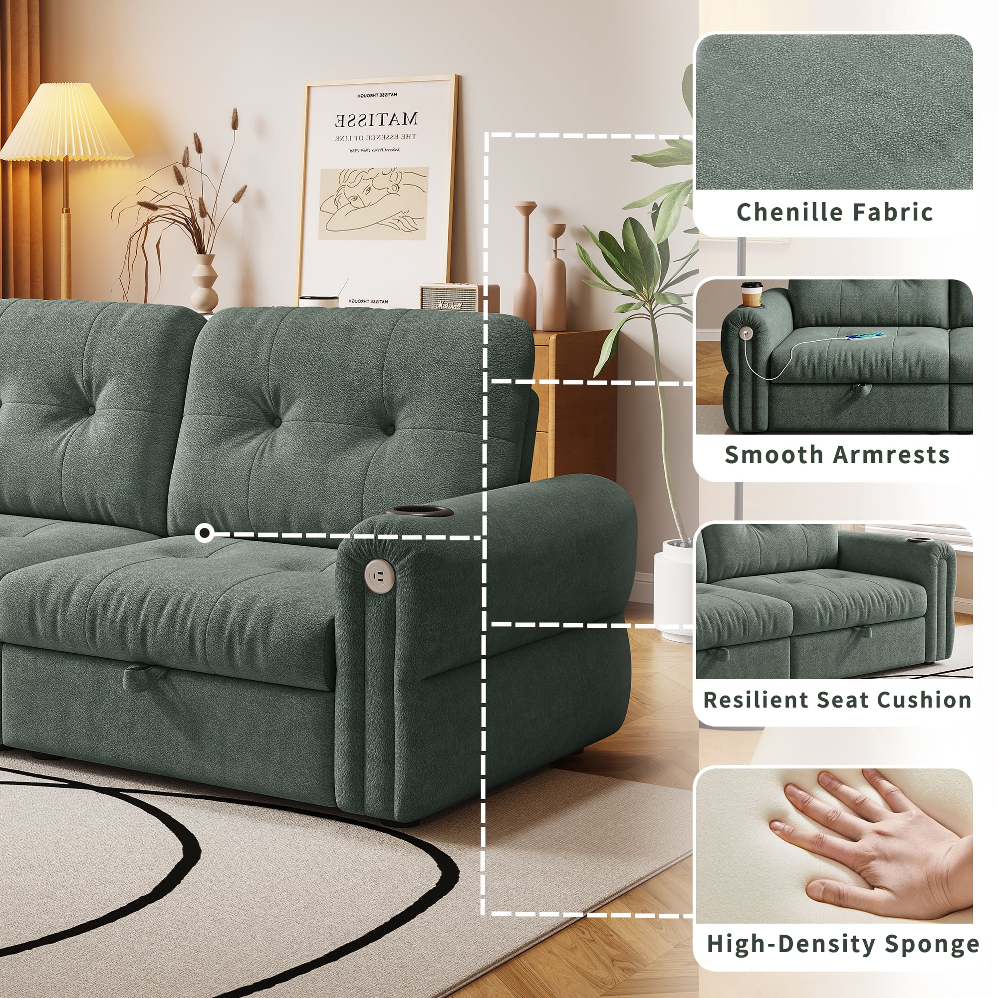 LLappuil 77" Pull Out Sofa Bed Queen Size, Loveseat Sofa Convertible Sofa Bed with USB Port Cupholders, Chenille Sofa Couch for Living Room Green