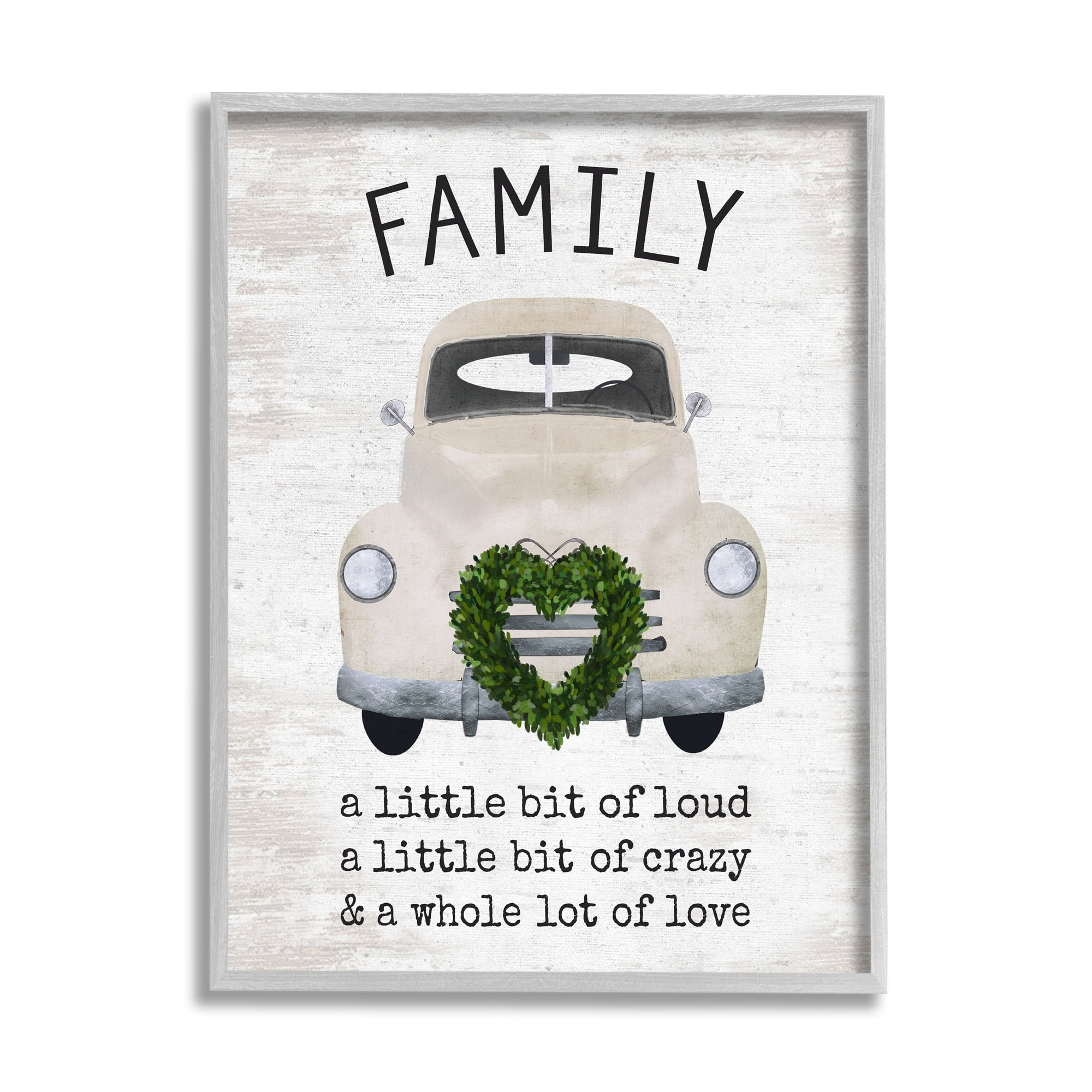 Stupell Industries Wholesome Family Sign Antique Car Heart Wreath Graphic Art Gray Framed Art Print Wall Art, Design by Lettered and Lined