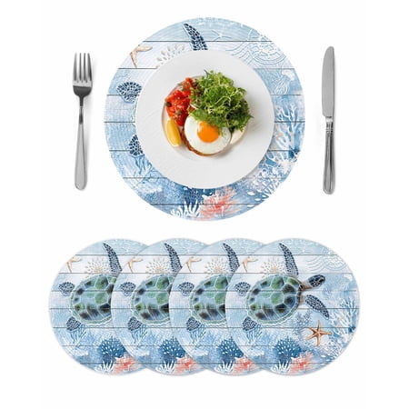 Ocean Turtle Round 15 Inch Placemats Set of 4 Blue Coral Coastal Starfish Nautical Shell HeatResistant Non Slip Place Mats for Dining Table Wipeable Braided Kitchen Table Mats for Housewarming