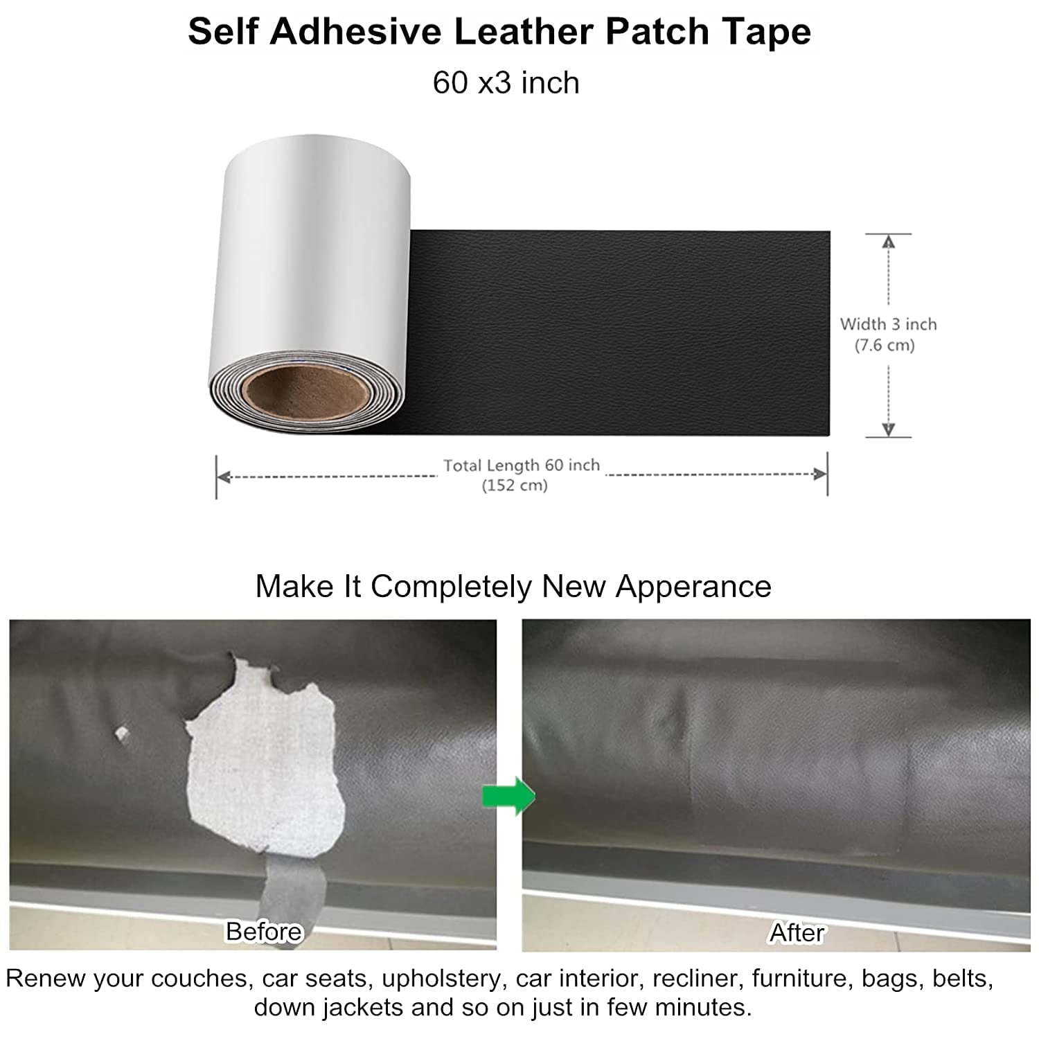 3x60 Inch Leather Repair Patch Tape, Self Adhesive Vinyl Repair Kit for Couch, Car Seat, Sofa, Boat Seat, Upholstery.Bonded Leather Repair Roll (Black)