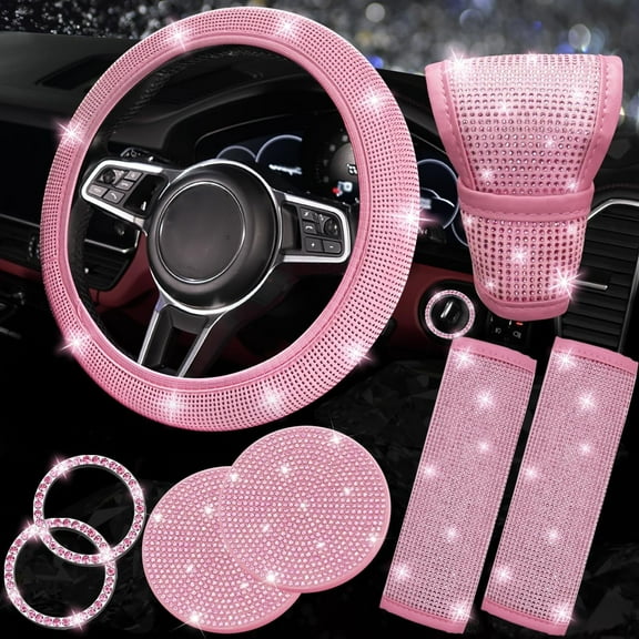 8 pcs Bling Car Accessories Set for Women, Steering Wheel Cover, Sparkly Seat Belt Covers, Bling Gear Shift Cover, Universal Fit Most Cars (All Pink Diamond)