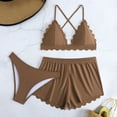 thumbnail image 2 of MGDXOX Women's 3 Piece Scalloped Swim Set Cross Back Triangle Top Cheeky Bikini Bottom High Waisted Ruffled Shorts Coffee XL, 2 of 9