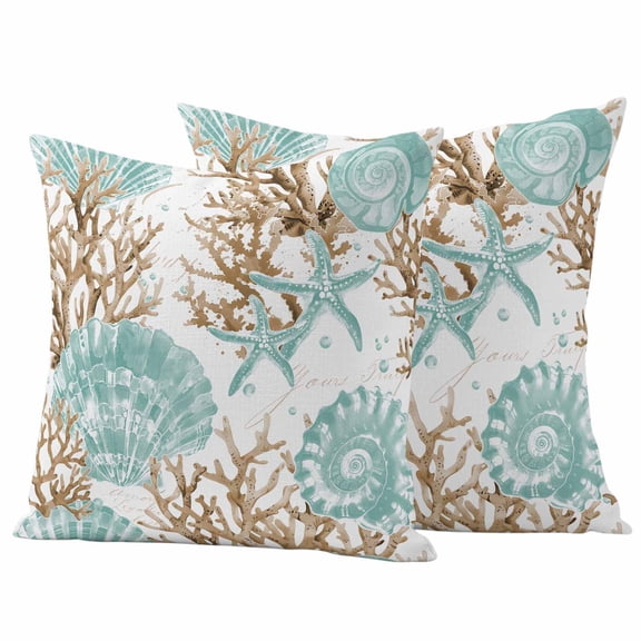Green Coastal Seashells Outdoor Waterproof Pillow Covers, Nautical Brown Coral Starfish Decorative Square Throw Pillowcase Sofa Cushion Sham for Patio/Couch/Chair, 20"x20" 2 Pack