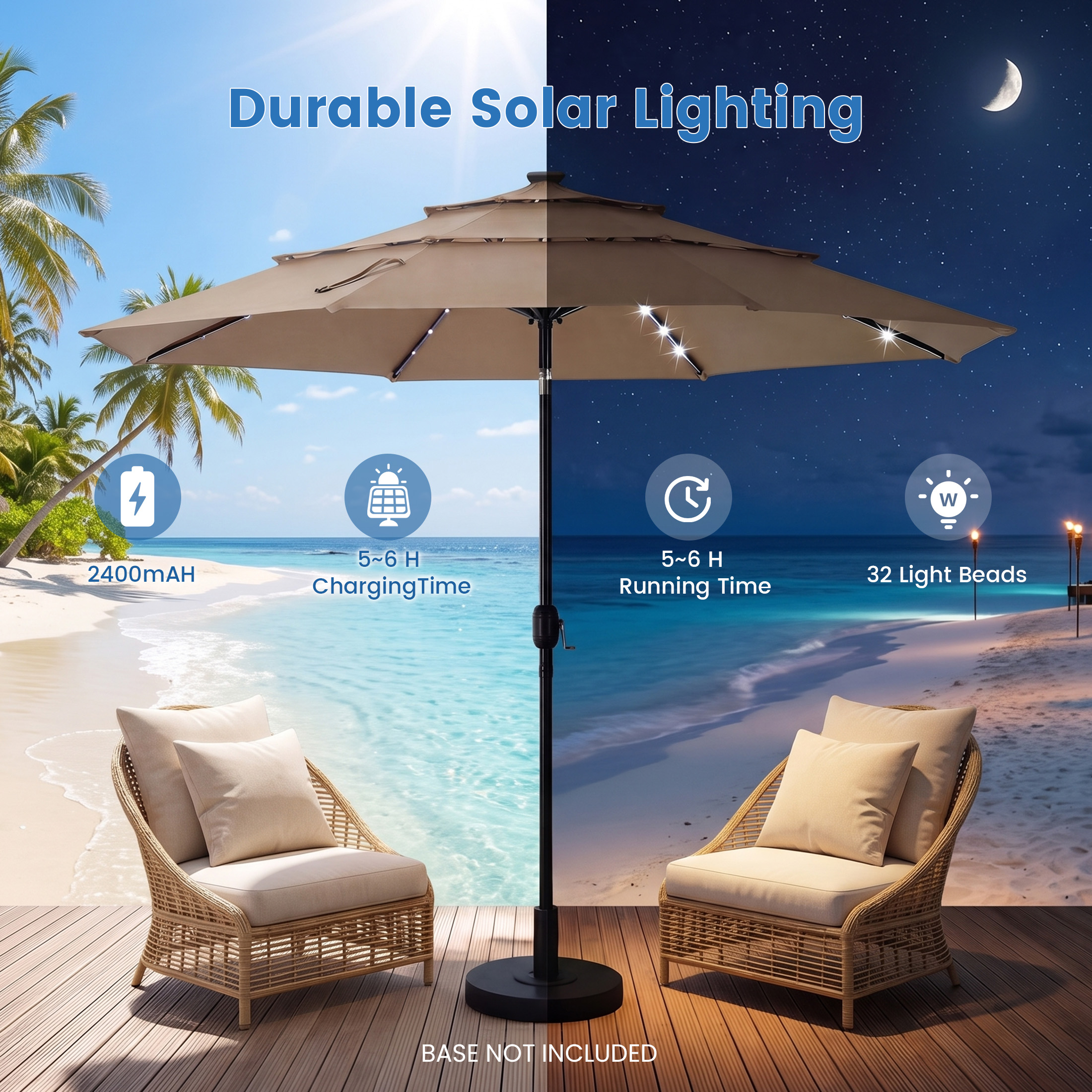edx 10 Ft Solar LED Patio Umbrella With Tilt, Khaki photo 4