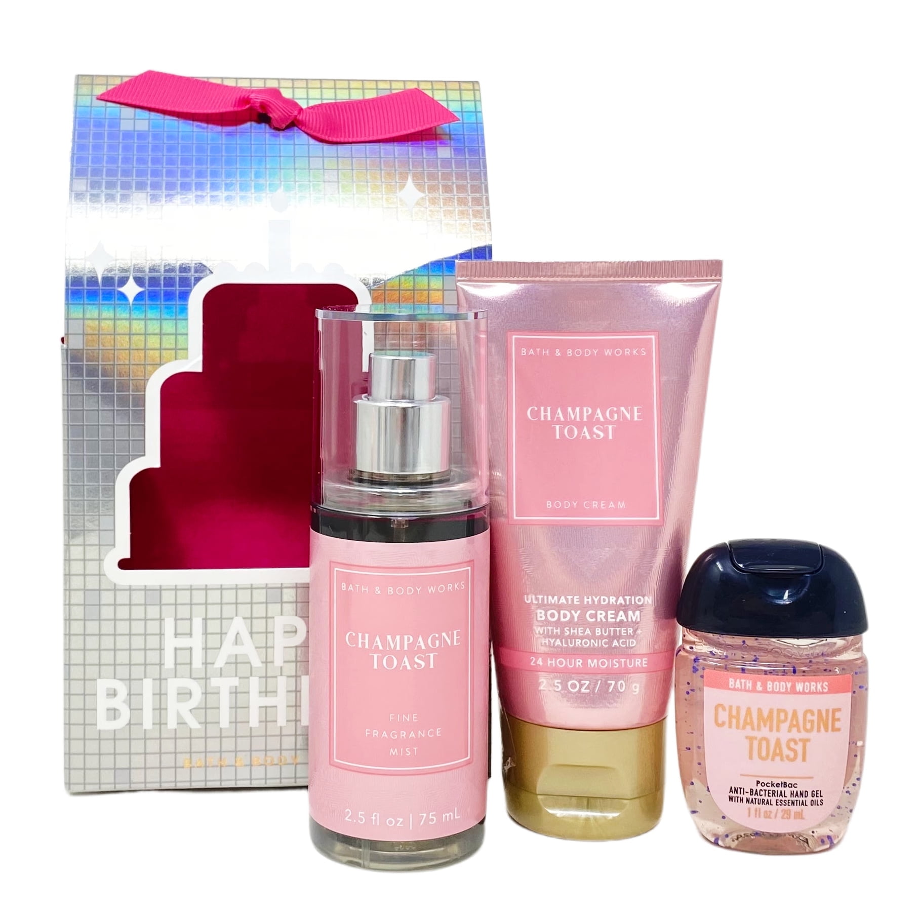 Bath and Body Works Champagne Toast Happy Birthday! Mini Gift Bag - Fragrance Mist - Body Cream - Hand Gel - Travel Size