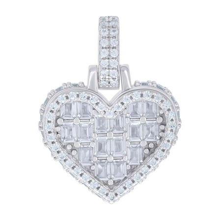 925 Sterling Silver Round & Baguette Cut Cubic Zirconia Women's Iced Out 3D Heart Pendant CZ Charm