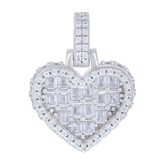 925 Sterling Silver Round & Baguette Cut Cubic Zirconia Women's Iced Out 3D Heart Pendant CZ Charm