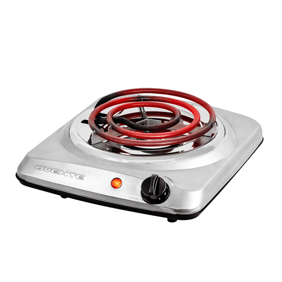OVENTE Electric Hot Plate, 1000W Single Burner, 6-Inch Coil, Silver BGC101S | Portable Countertop Cooktop, Stainless Steel, 5-Level Temperature Control, Indicator Light, Easy-to-Clean, Compact