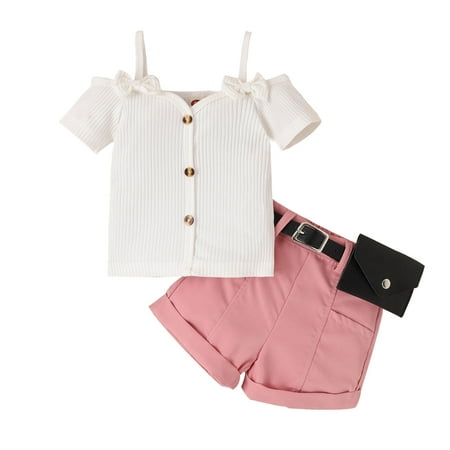 

BSDHBS Girls Clothing Sets Toddler Girls Short Sleeve Bowknot Ribbed Tops and Shorts Waist Bag Outfit