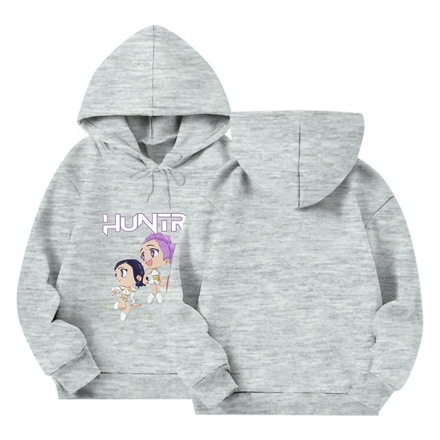 Moonsky Sudadera con capucha y cordón HUNTRX, estampado de grupo de chicas coreanas, jersey corto, suave y cómodo, top de manga larga para primavera y otoño. Gris 110