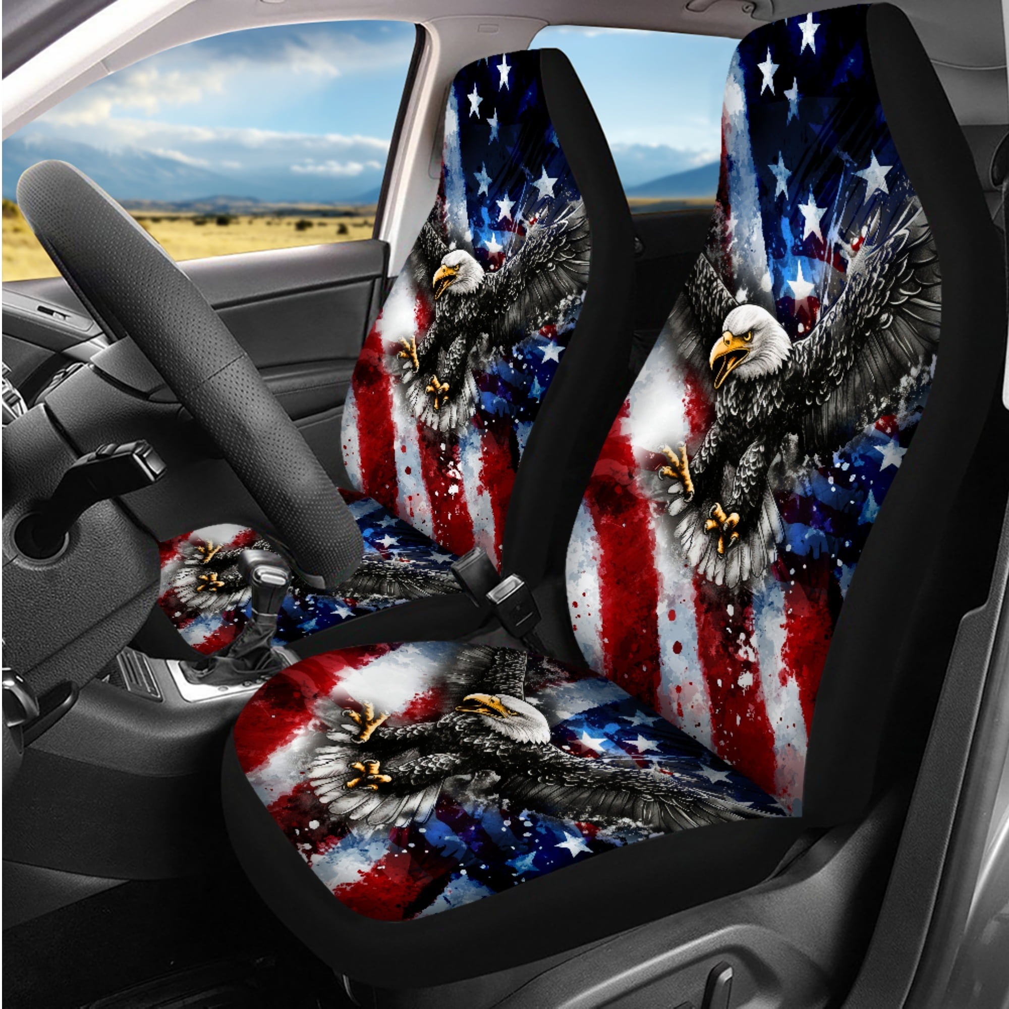 Jeiento Eagle 14 PCS Car Seat Cover Set American Flag Steering Wheel Cover Seat Belt Strap Pads Cup Coasters Armrest Cover Pad Headrest Covers Key Ring Automotive Accessory 4Th of July Decor