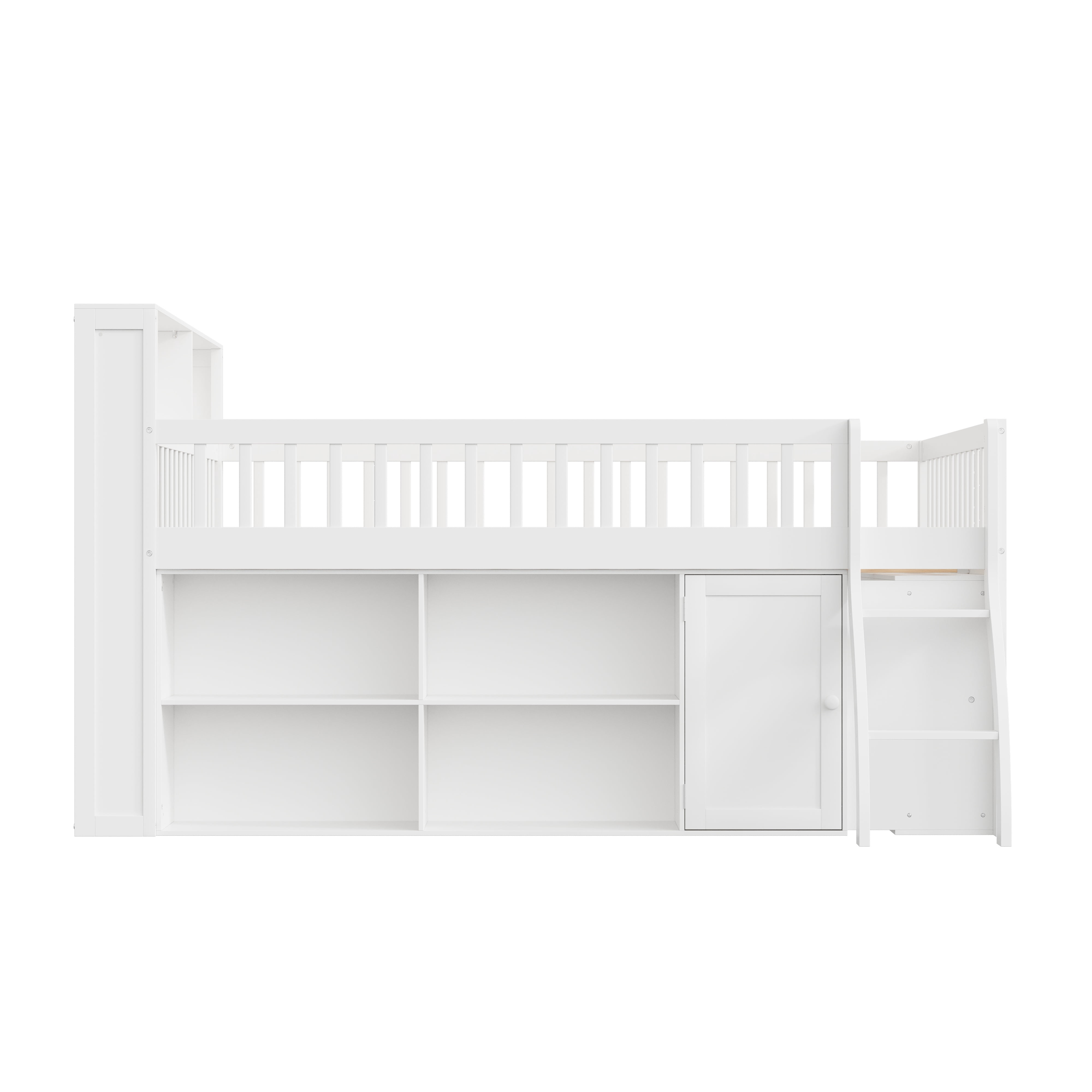 Euroco Wood Queen Size Loft Bed with Storage Shelves and LED Light, White