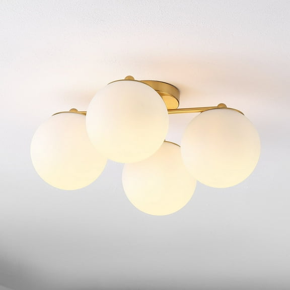 JONATHAN Y Orly 18" 4-Light Bohemian Farmhouse Iron/Frosted Glass LED Semi Flush Mount, Brass Gold/White, JYL7571A