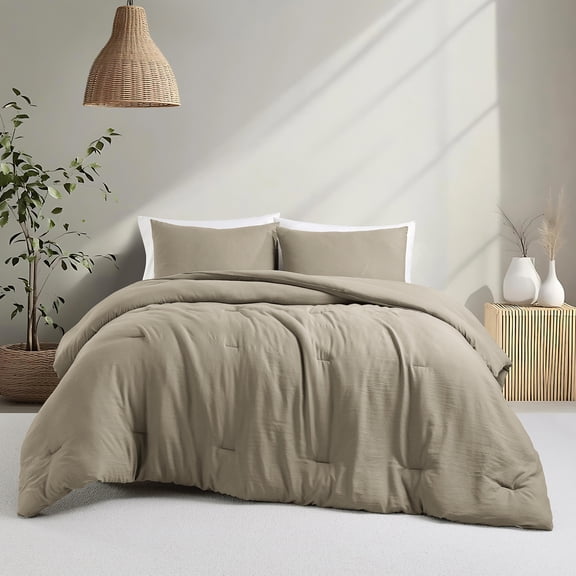 Notticasa Washed Comforter Sets 3 Piece,Soft and Cozy,Khaki,Full,Washed Textured Wrinkled Design