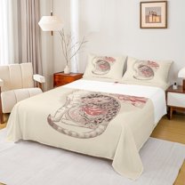 Manfei Japanese Cat Twin Sheet Sets,Cute Kitten Twin Fitted Sheet,Boho bohemian Exotic Style Flat Sheet For Adults,Luxury Bedroom Decor,3-Piece