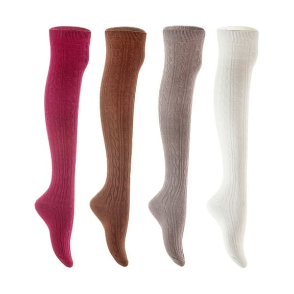 Lian LifeStyle Women's 4 Pair Adorable Comfortable Soft Thigh High Over Knee High Cotton Socks Size 6-9 L1024 Wine,Coffee,Dark Grey,White