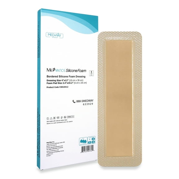 MedVanceTM Silicone - Bordered Silicone Adhesive Foam Dressing Size 4"x 12" (2.4"x10.4" Pad) Box of 5 dressings