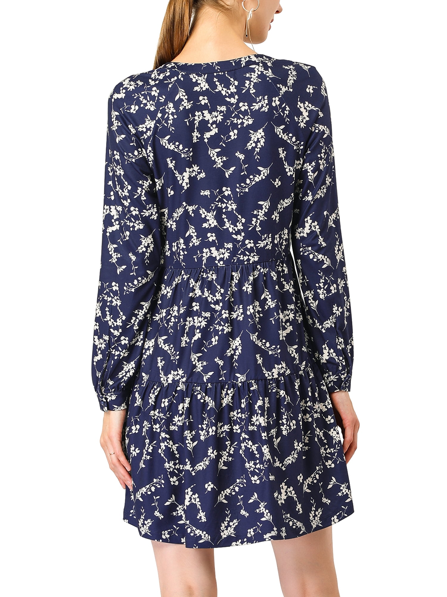 Unique Bargains Women's Floral V Neck Cinched Waist Long Sleeve Dress M Navy Blue