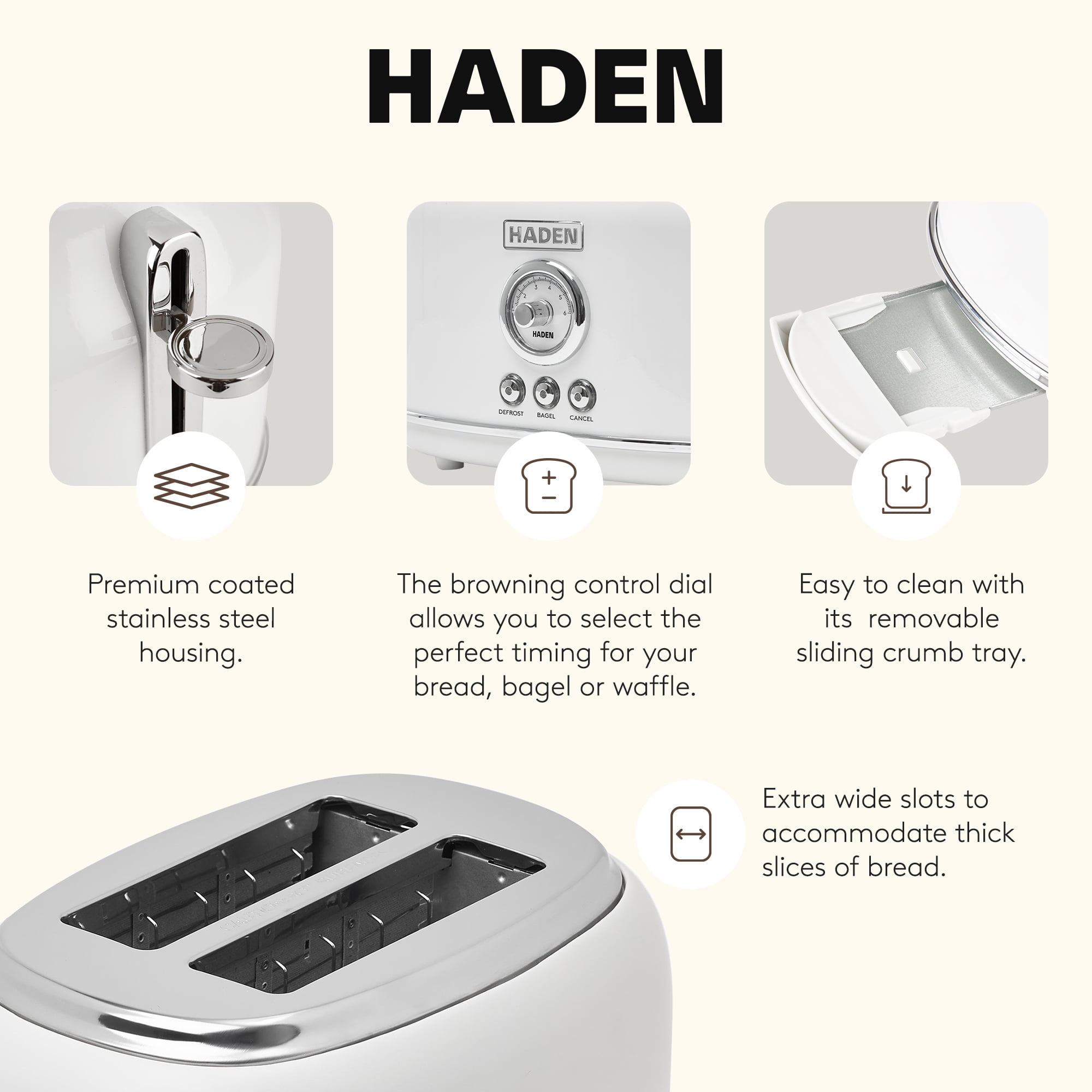 Haden Dorset Toaster, Wide Slot with Removable Crumb Tray and Settings (2 Slice, Ivory)