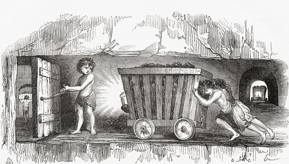 Scene inside an English coal mine early 19th century Child labourers A trapper opens a trapdoor to allow the thrusters and their cargo through From Le Magasin Pittoresque published 1843 Canvas Art - K