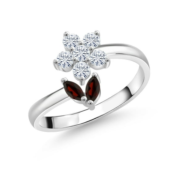 Gem Stone King 925 Sterling Silver Red Garnet Flower Open Ring for Women (0.79 Cttw, Gemstone January Birthstone, Size 6)