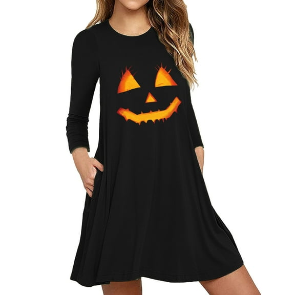 ZOHIUM Women's Summer Dresses Women Cat Costume Girls Plus Size Gothic Costume Women's Festival Pumpkin Face Print Long Sleeve Slim Dress Dress Dresses (Black,M)