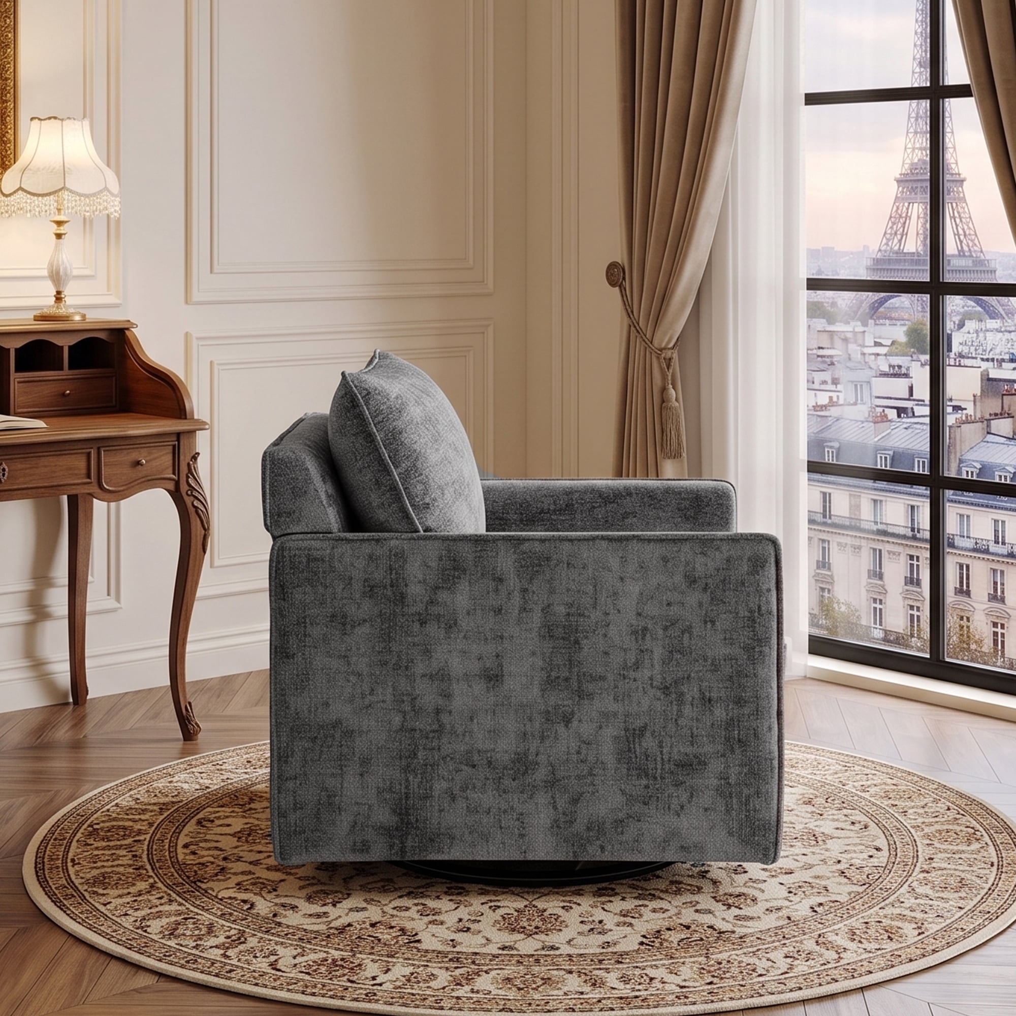 HOQBN 360°Swivel Accent Chair, Comfy Single Square Sofa Armchairs,Upholstered Club Chairs for Living Room,Bedroom, Reading Room, Grey