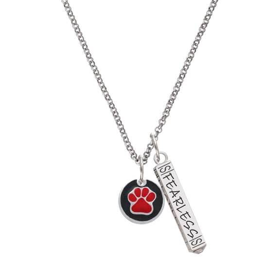Delight Jewelry Silvertone Red Paw on Black Disc Silvertone Fearless Bar Charm Necklace, 23"