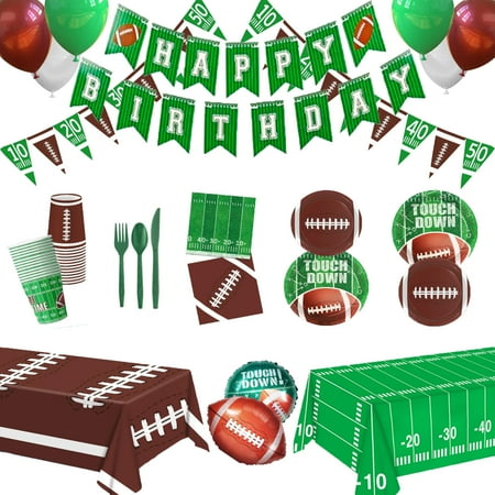 REXCH Football Party Decoration Supplies Kit Serve 24, Football Themed Birthday Party Tableware Set Includes Banner, Tablecloth, Cups, Spoons and Forks, Desert Plates, Napkin, Balloon C80