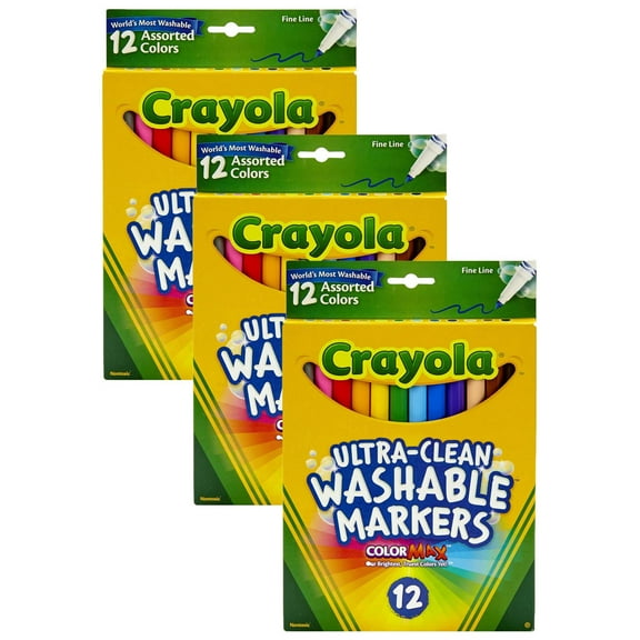 Crayola Ultra-Clean Markers, Fine Line, Assorted Colors, 12 Per Box, 3 Boxes