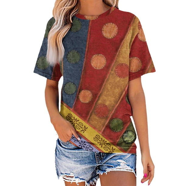 Blusa de Manga Corta Cuello Redondo Impreso Señoras Casual Top, Blusa Ligera de Poliéster para el Trabajo, la Fiesta Y Toda la Temporada de Uso Diario
