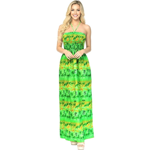 HAPPY BAY Women's Summer A-Line Slit Maxi Beach Dress Boho Smocked Top Evening Long Strapless Tube Dresses for Women One Size Lime, Palm Trees