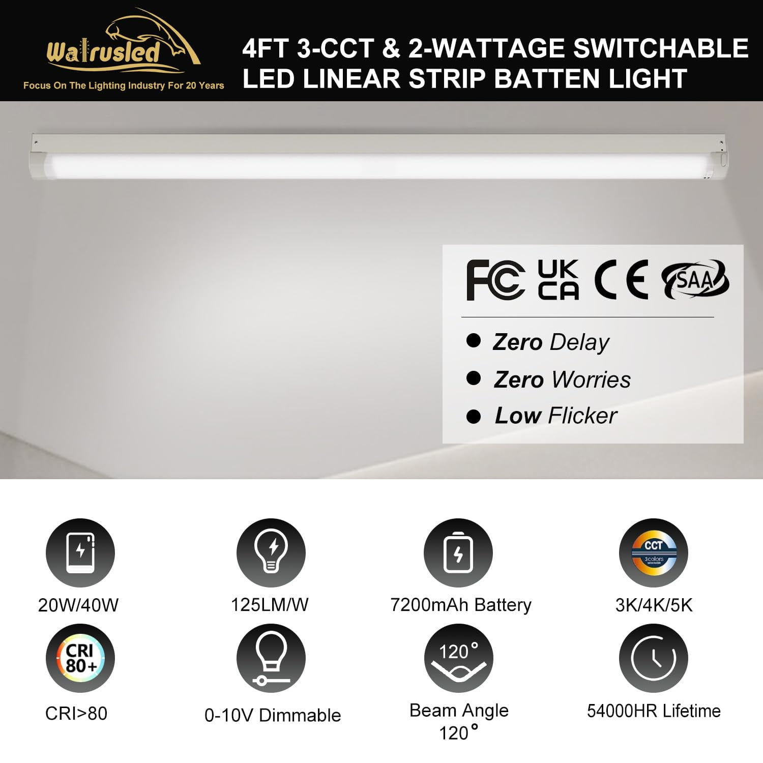 4FT LED Linear Strip Light 20W Emergency Output Battery Backup Dimmable, 3 CCT Selectable, FCC