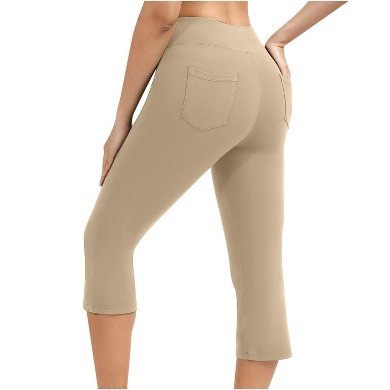 Womens Casual Yoga Capri Pants Solid Elastic Waist Knee Length Leggings  with Pockets Workout Cropped Leg Pant Gym Sports(XXL,Coffee)