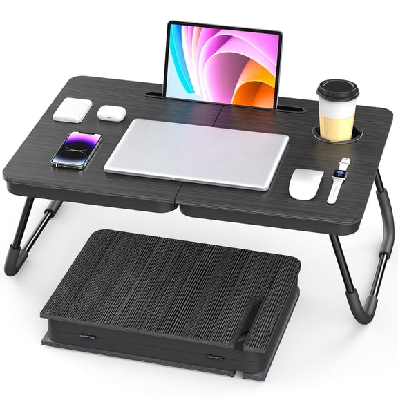 BUYIFY Portable Foldable Laptop Desk for Bed and Couch, Adjustable Lap Desk with Cup Holder and Phone Holder, Ideal for Working, Reading, Writing, and Breakfast (Black)