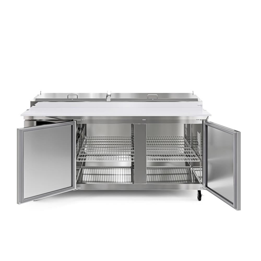 Pemberly Row Silver 71" Two Door Commercial Pizza Prep Refrigerator in Steel