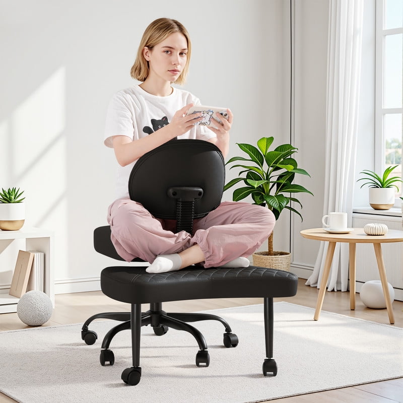 Lacoo Ergonomic Cross Legged Swivel Office Chair,ADHD & Meditation Chair with Retractable footrest,Adjustable Height with Back Support,PU Leather, Black