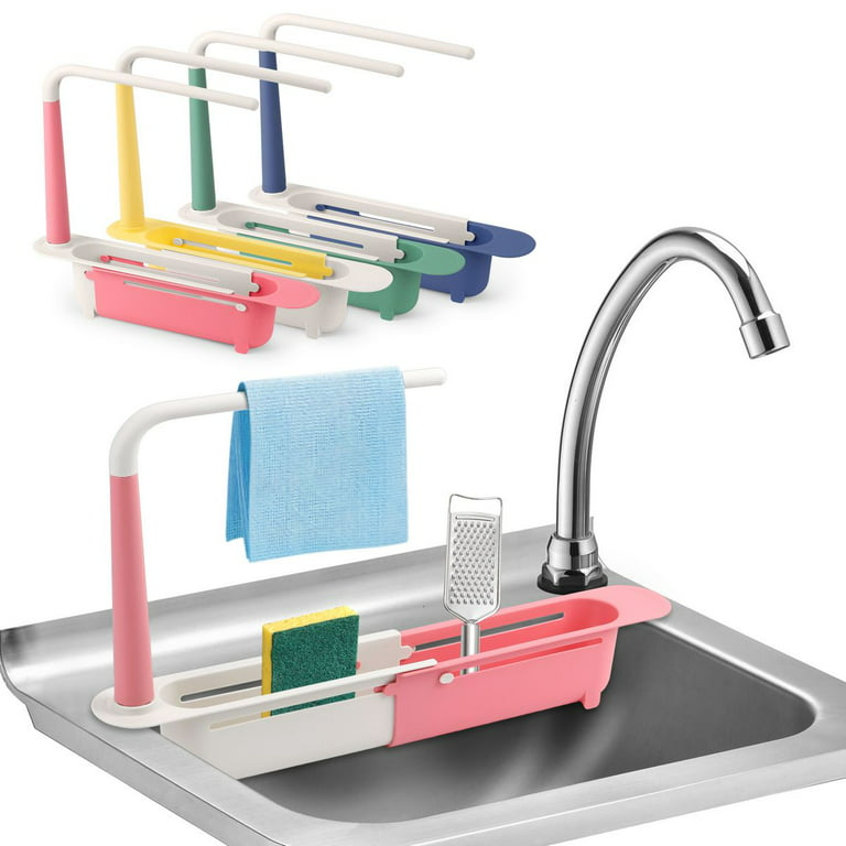 Deago Telescopic Sink Storage Rack Adjustable Sink Organizer Sponge Soap  Holder with Dishcloth Hanger Expandable Storage Drain Basket for Home  Kitchen