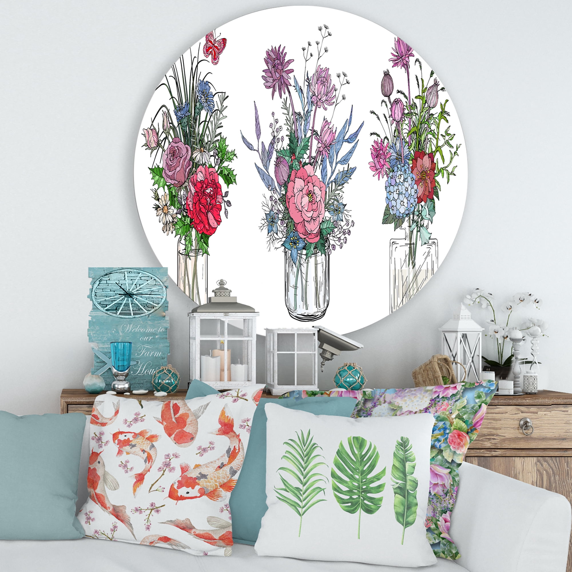Designart 'Transparent Vases With Bouquets of Wildflowers I' Farmhouse Circle Metal Wall Art 29x29 - Disc of 29