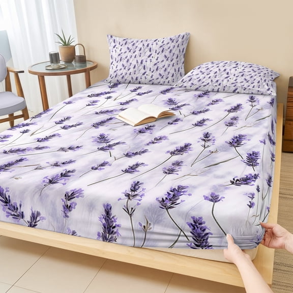 Twin XL Size Fitted Sheet Set - Lavender 2 Piece Bedding Sets 16" Deep Pocket Fitted Sheet with 1 Pillowcases, Watercolor Purple Spring Floral Summer Botanical Brushed Microfiber Hotel Bed Sheets