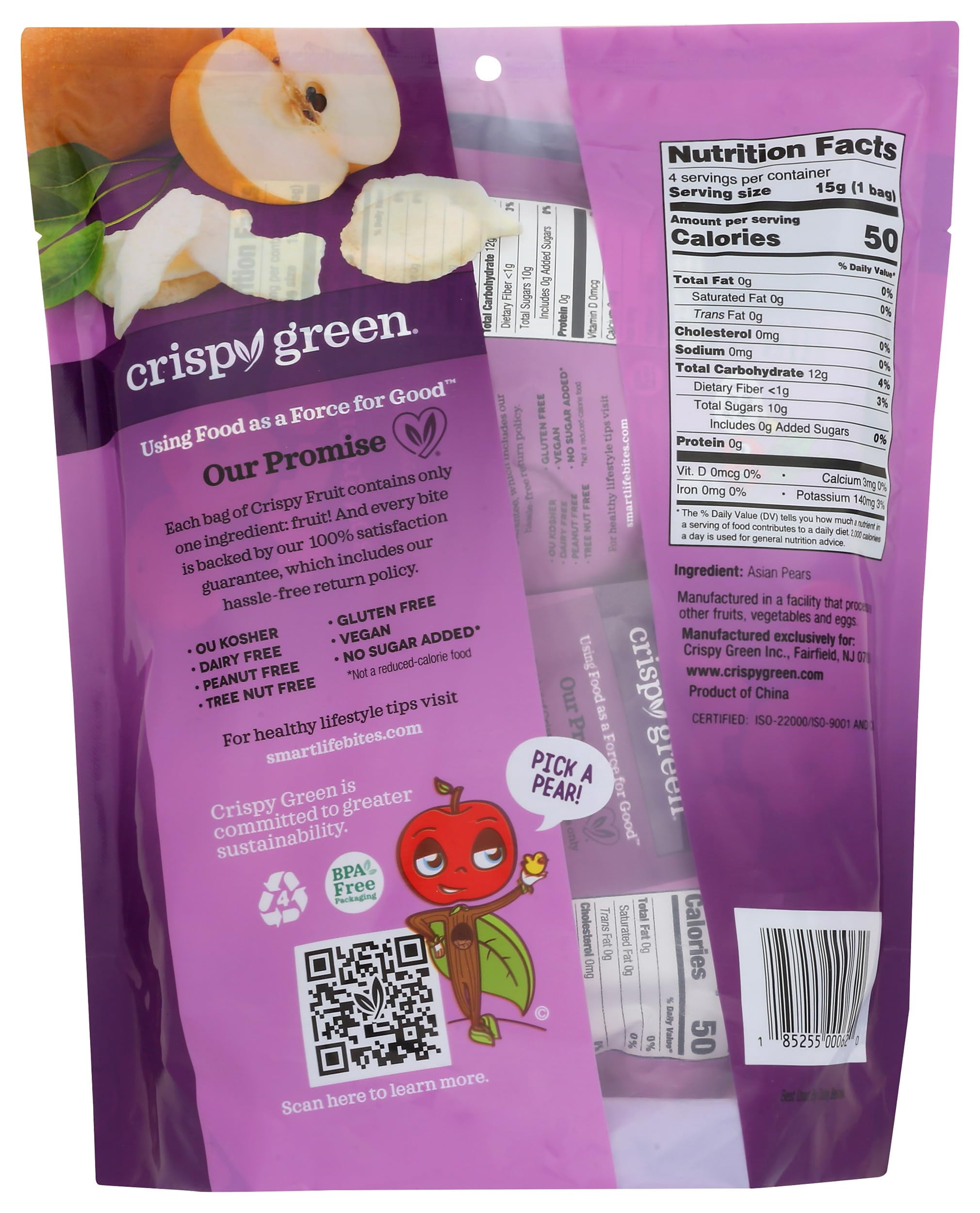 Crispy Green All Pear 100% Freeze-Dried Pear, No Added Sugar, Vegan Friendly, Kosher, Gluten Free & Non-GMO, 2.12 Ounce (Pack of 8)