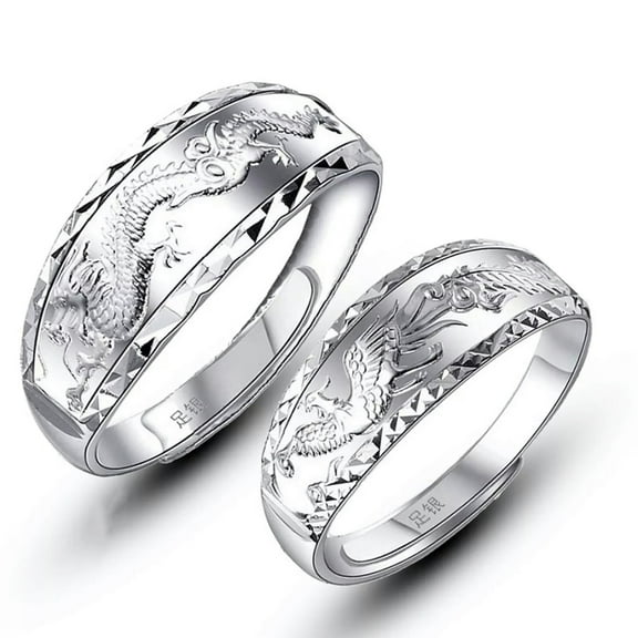 K-KED 2PCS Pure S990 Sterling Silver Band Men Women Dragon Phoenix Couple Ring