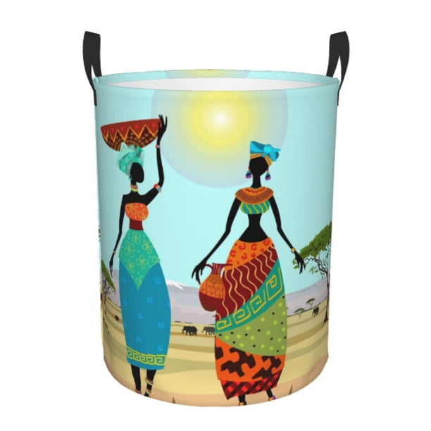 Balery African Women Cesta de ropa redonda con asas, impermeable, independiente, para ropa, juguetes, dormitorio y familia-Medium