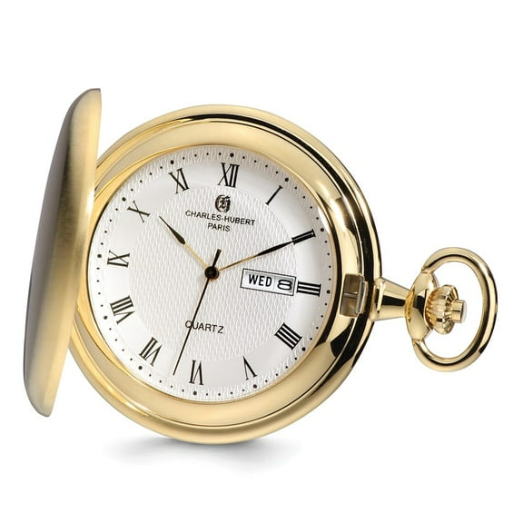 Charles Hubert Gold Finish Satin White Dial Day/Date Pocket Watch; for Adults and Teens; for Women and Men