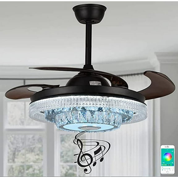 KPIBEST Modern Fashion Reversible Blades Ceiling Fan Lights,Crystal Fandelier with Bluetooth Speaker Remoter Control, 7 Color 6 Speed Smart Black Chandelier Ceiling Fan for Living Room Bedroom