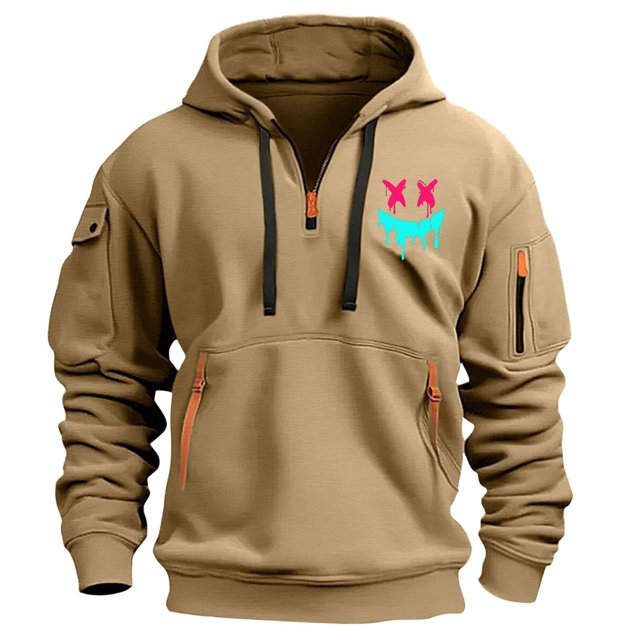Styesk Sweatshirts for Men Men's Spring And Fall Printed Hooded Sweatshirt Zipper Multi-Pocket Pullover Sweatshirt