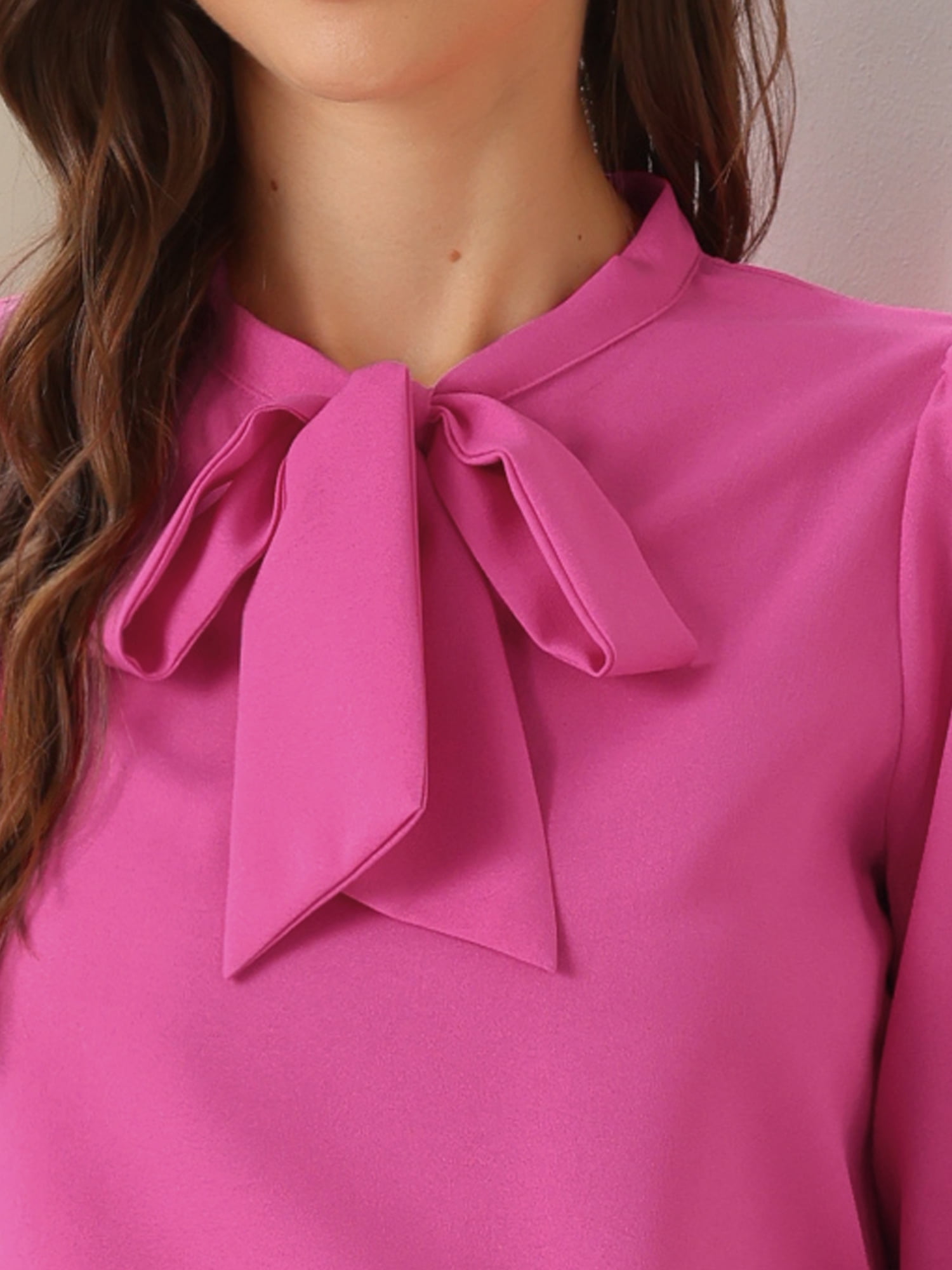DARING DIVA Women's Bow Tie Neck Tops Long Sleeve Business Work Blouse L Hot Pink