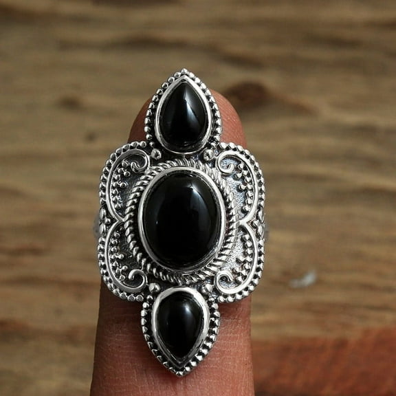 Handmade Black Onyx Ring Solid 925 Sterling Silver Jewelry Statement Ring