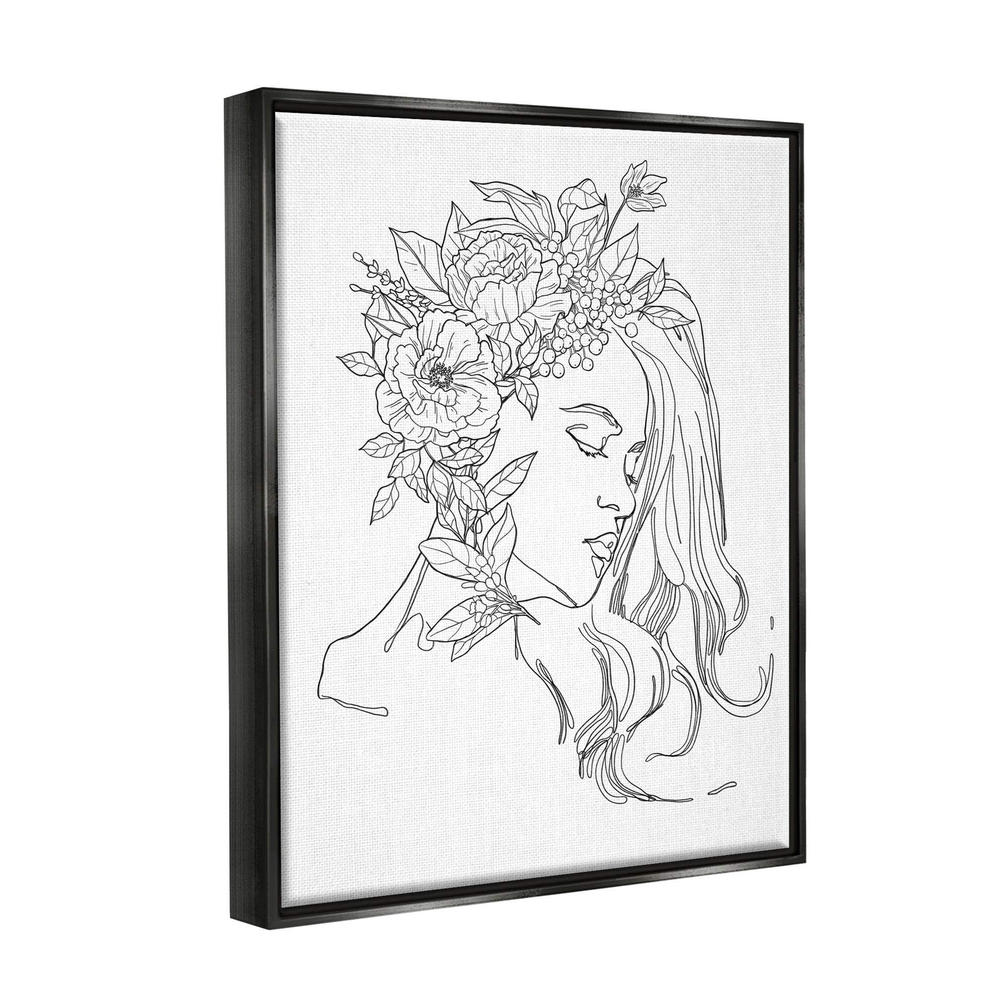 Stupell Industries Woman Face Detailed Blossoming Flowers Line Drawing Graphic Art Jet Black Floating Framed Canvas Print Wall Art, Design by Ziwei Li