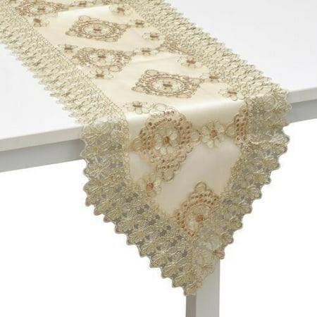 

Golden Flower Embroidered Pattern Beige Polyester Lace Table Runner